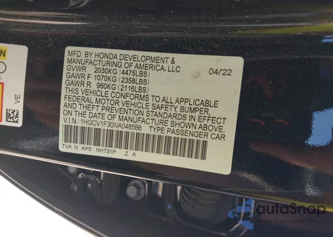 2022 Honda Accord Sport from USA, damaged, VIN 1HGCV1F30NA048588